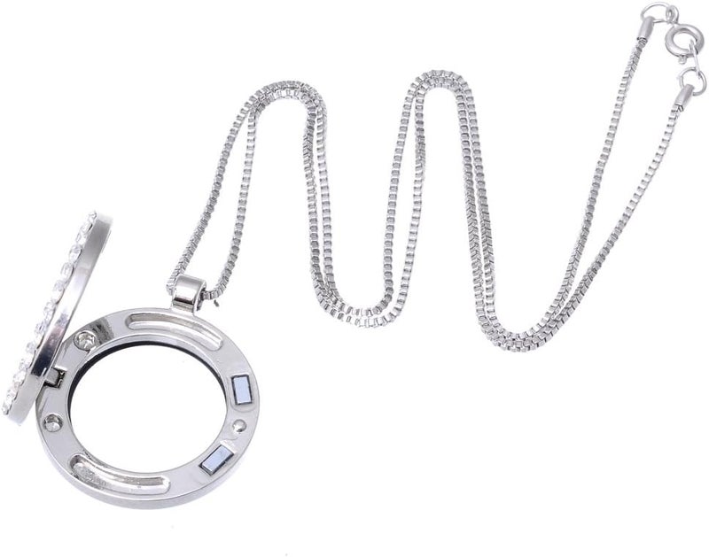 RUBYCA Living Memory Floating Charm Round Glass Locket Pendant Necklace 20 Inches 5pcs Silver Tone White Crystal - Image 2